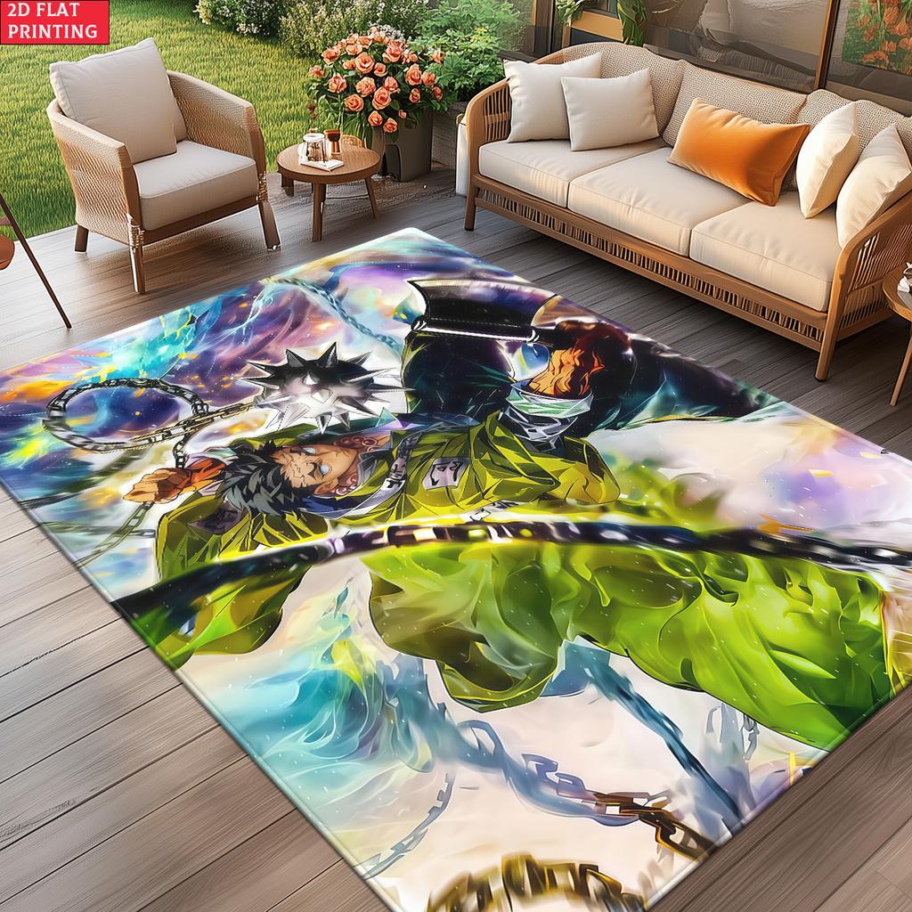 Anime Warrior Area Rug, Green Flame Chain Theme Floor Mat, Decorative Carpet for Gaming Room Bedroom, Washable Home Decor Gift