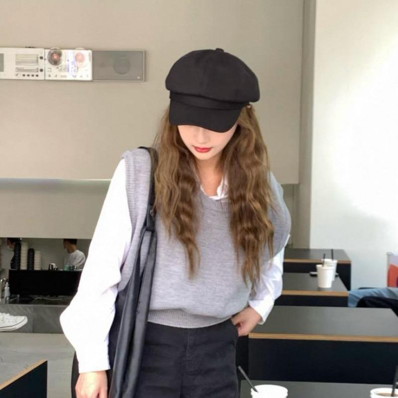 Herbst und Winter schwarze achteckige Mütze Damen hoher Wert Baskenmütze kleines Gesicht großer Kopfumfang Schiebermütze