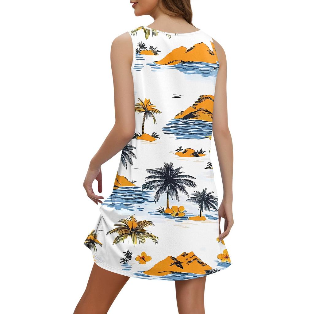 Women's Casual Print Bohemian Beach Dress With Pockets V Neck Tank Dress