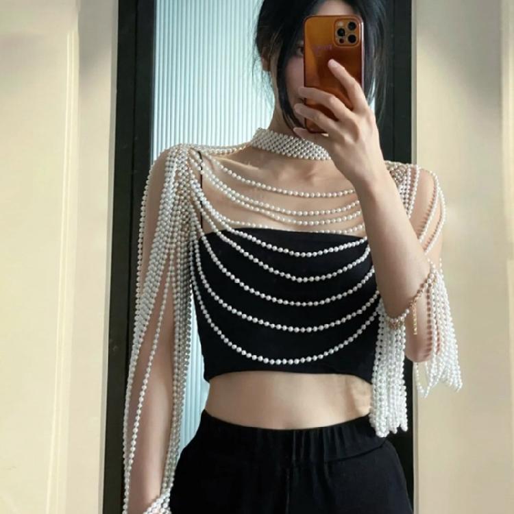 Long Shoulder Chain Sexy Wedding Dress Body Jewelry Pearl Body Chain for Women