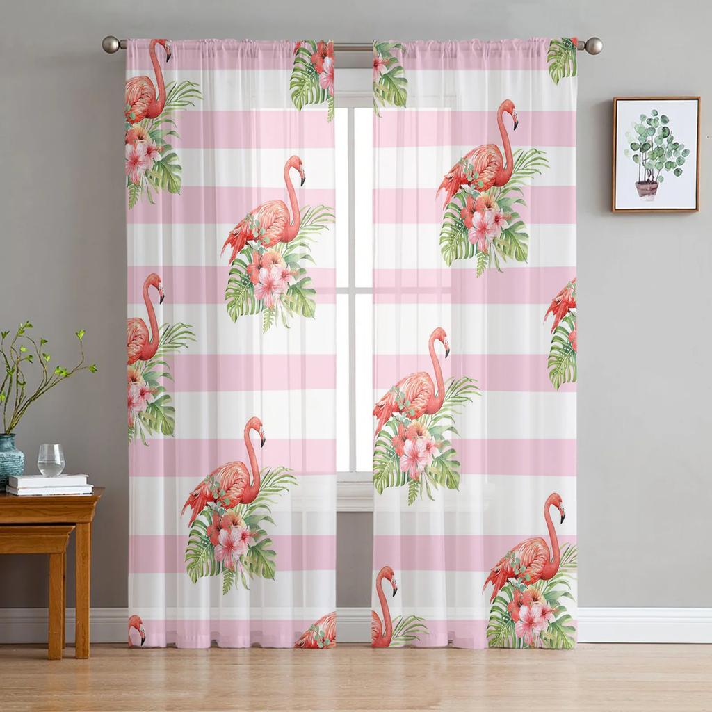 Flamingo Tropical Plant Flower Tulle Curtains Living Room Bedroom Kitchen Window Treatment Chiffon Curtain Blinds Light Filtering Polyester Great
