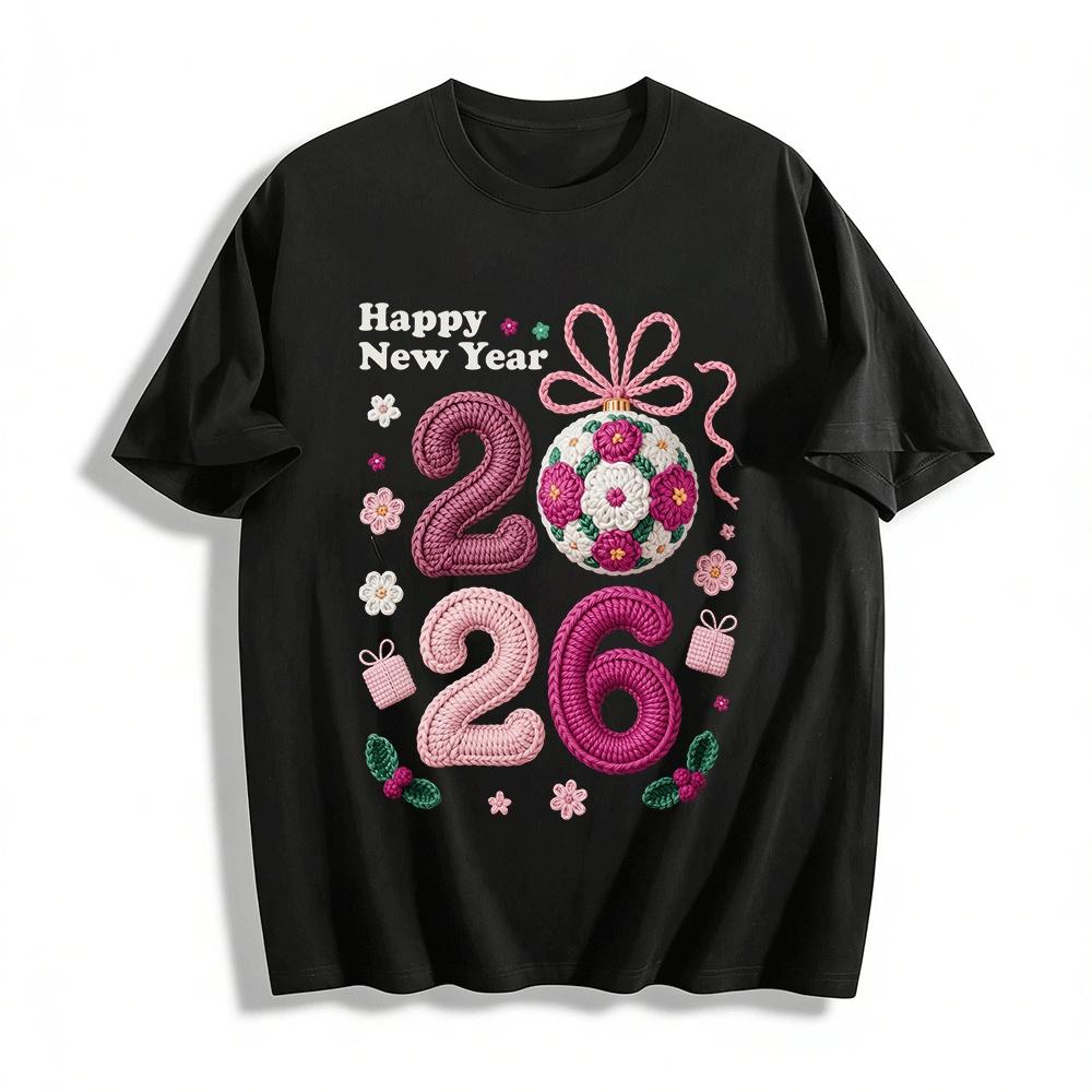 2026 New Year Knit Style Print Casual Top Pure cotton T-shirt XXS