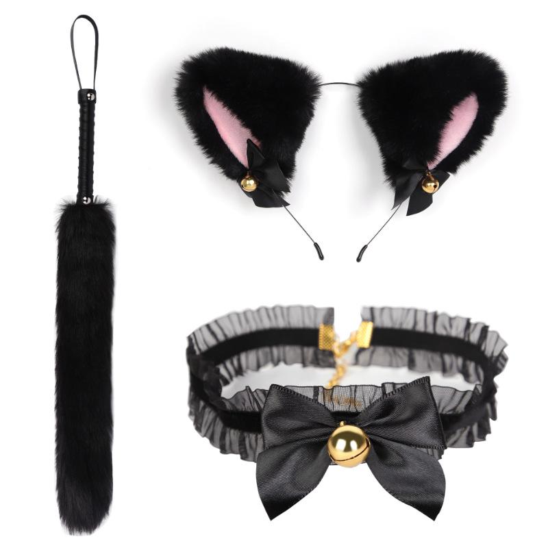 Cat Tail Bell Headband, Anal Plug, Nipple Clamps Flirting Set