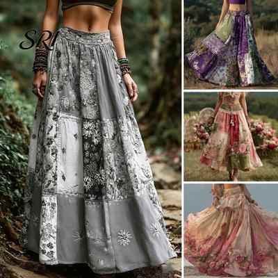 Long Skirt Maxi High Waisted 3D Floral Print Large Hem Lightweight Bohemia Style Summer Slimming Work Leisure Daily Wear Boho