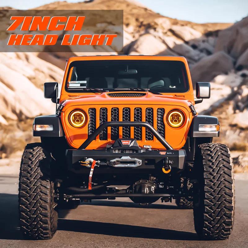 7 Inch Moto Car Led Headlight H4 Round Headlight with Amber Turn Signal For Jeep Wrangler JK TJ Headlamps 7" Headlight
