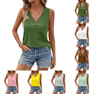 Women's V-neck Casual Fashion Loose Versatile Vest Sleeveless T-shirt With Pockets