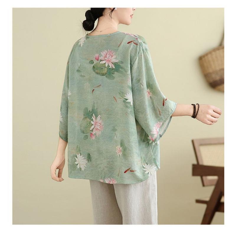 New Chinese Style Plus Size Women's Summer Thin Loose V-neck Three-quarter Sleeve Printed Short-sleeved T-shirt Top