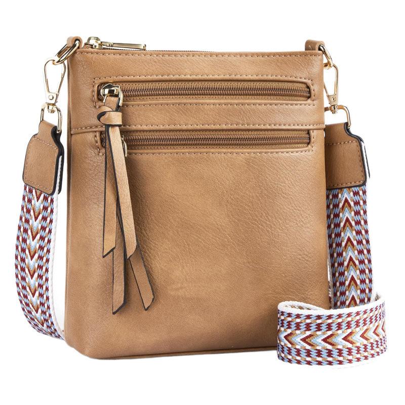 Women’s PU Leather Crossbody Bag Wide Woven Strap Multi Pocket Shoulder Bag Large Capacity Casual Messenger Purse