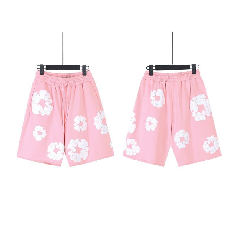 Men Women Streetwear Oversized Denim Shorts With Cotton Puff Floral Print Loose Fit Short Pants