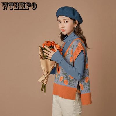 WTEMPO Female Vintage Loose Knitted Waistcoat Printed Sleeveless Loose Casual Oversized Sweater Vest