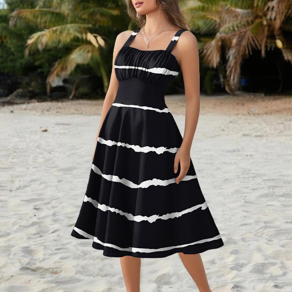 Women's Vintage Sleeveless Pleated Patchwork Cute A-Line Hem Striped Printed Dresses