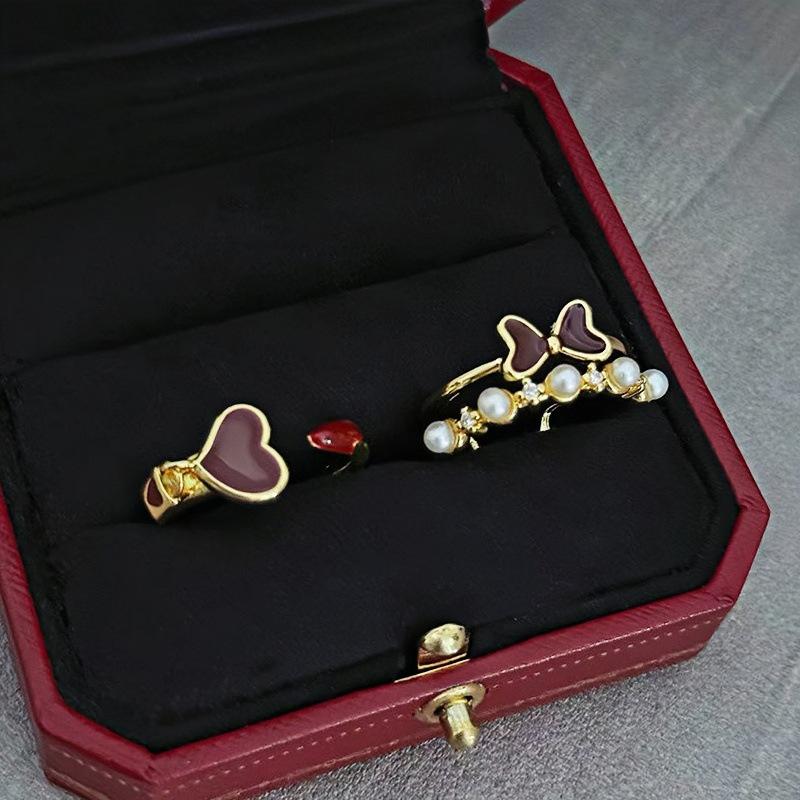 Enamel Angola Red Double Bead Love Opening Ring Light Luxury Niche Premium Sense Stacked Ring