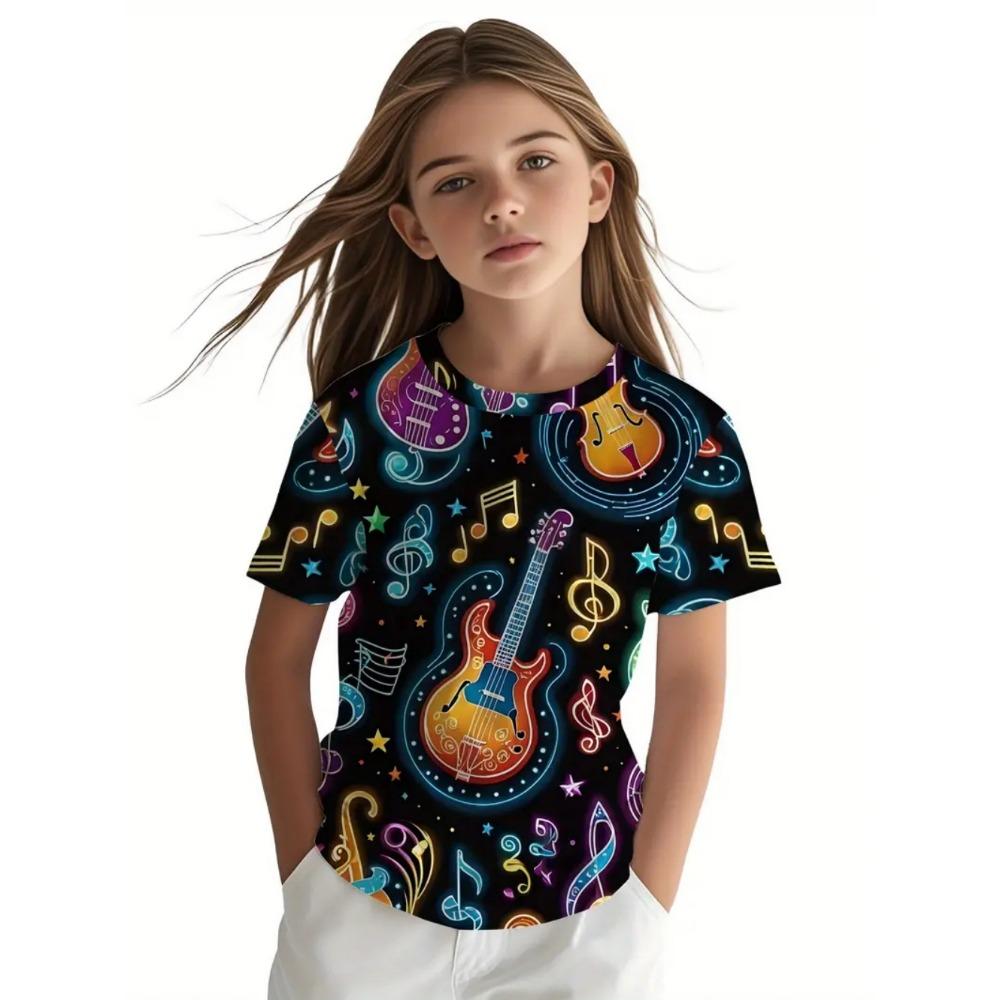 Retro children's clothing 3D music notes printed girls' clothing daily casual short sleeved street designer T-shirt top loose and fashionable T-shirt