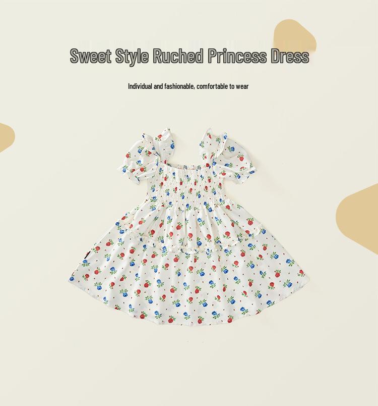 Clearance: Girls' Floral Smocked Short-Sleeve Dress - Summer 2025 Korean Style