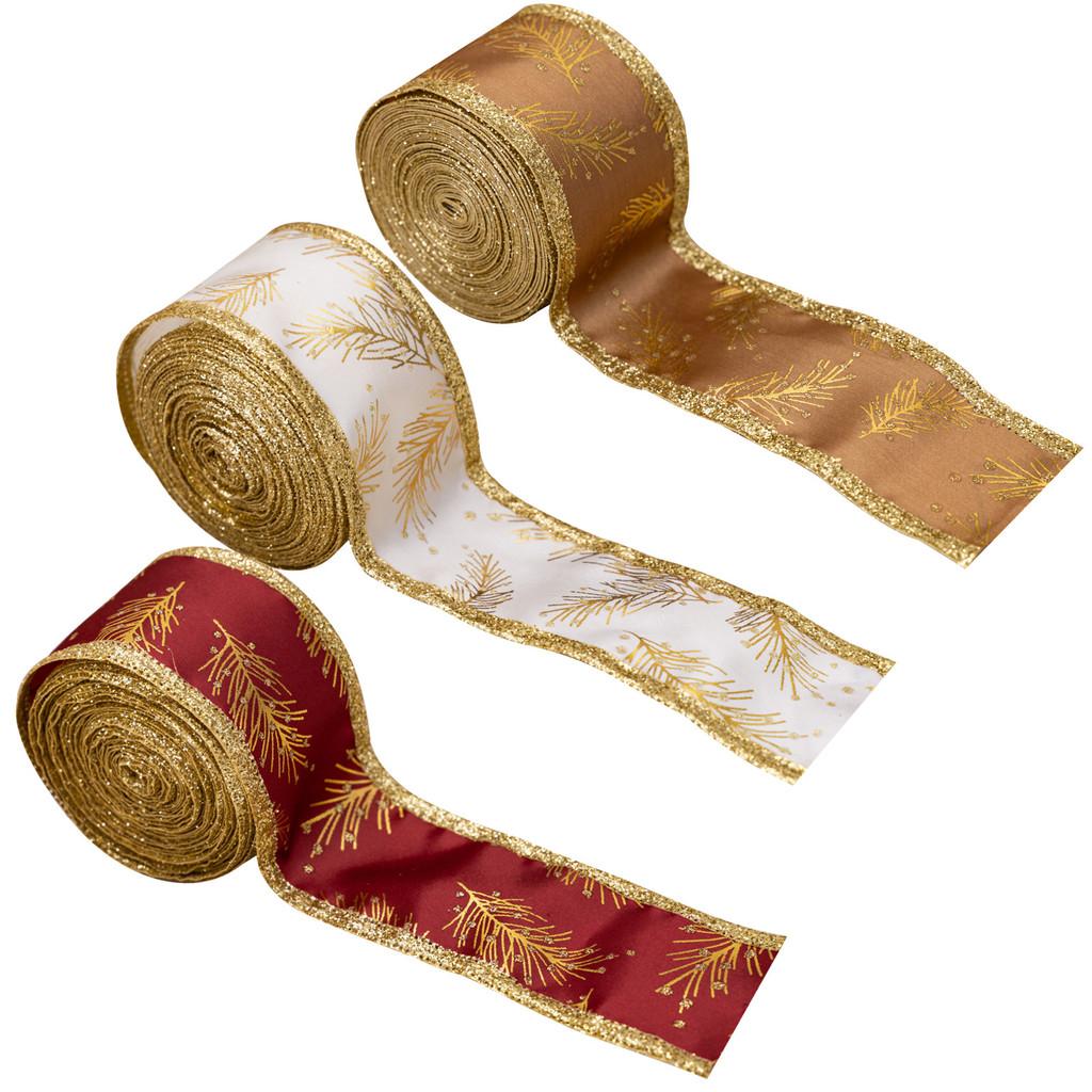 Opulent Christmas Satin Ribbons With Stunning Floral Motifs In Red Gold And White For Crafting
