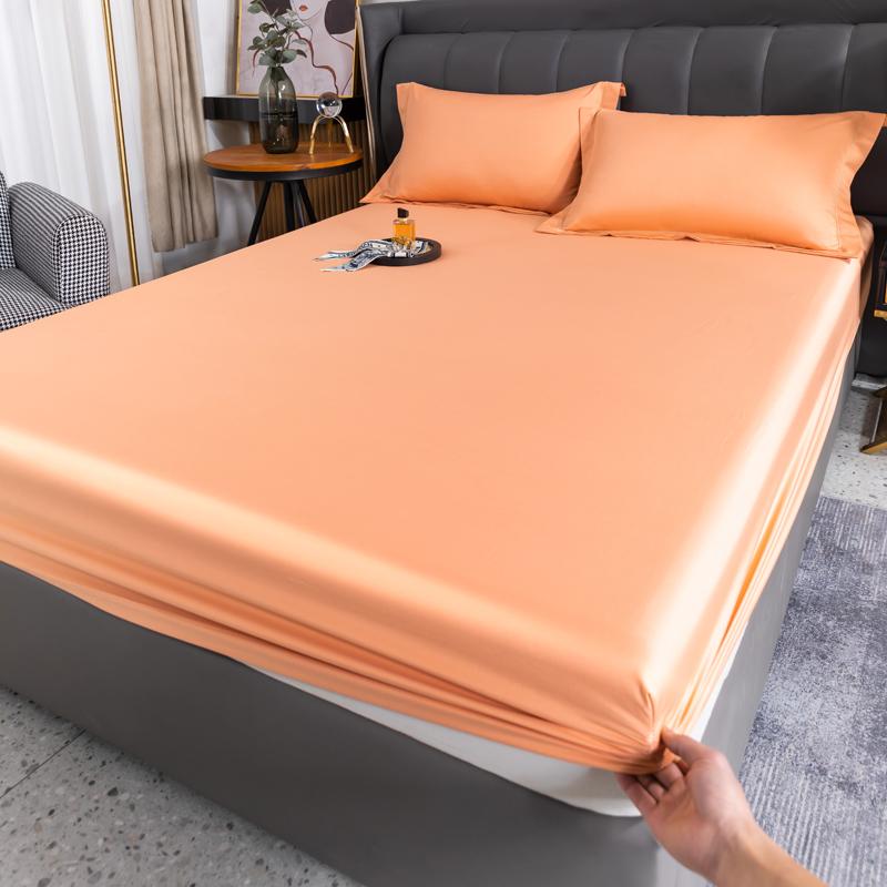 Simple Grey Fitted Sheet Set Solid Color Ice Silk Bedspread with Pillowcases Luxury Smooth Soft Fitted Sheet with Elastic Band