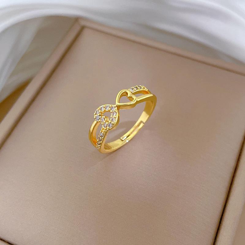 Real Gold Electroplating Heart-To-Heart Print, Women'S Fashion Micro-Inlaid Light Luxury Ring, Index Finger Ring, The Same Cold Wind