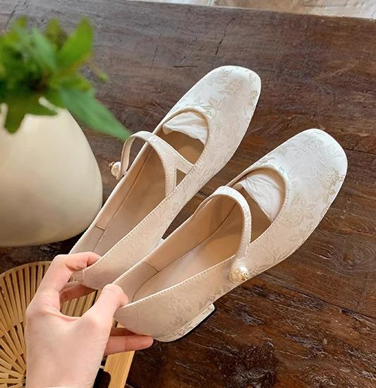 Fashion Flat Shoes for Women 2025 Spring and Autumn Pearl Square Toe Jacquard Mary Jane Shoes Ladies Loafers Women Zapatos De Mujer