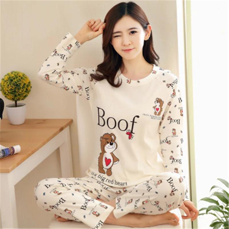 Herbst Dünnes 2-teiliges Pyjama-Set Damen Baumwolle Rundhals Mädchen Bären-Pyjama-Sets Teetassen-Katze Vollständige Nachtwäsche Oberteile Schlafanzug Mujer
