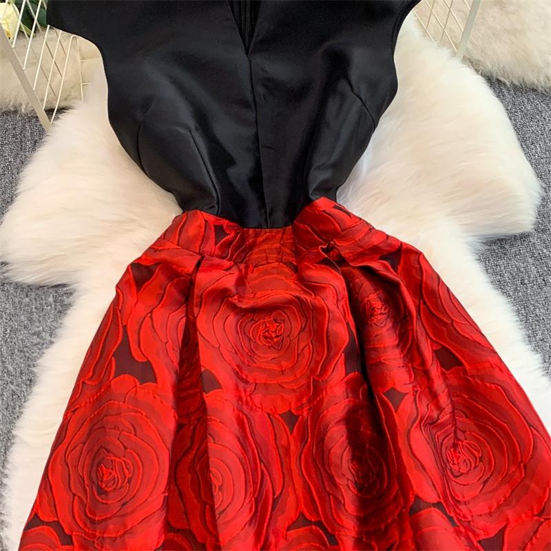 Elegant Women Contrast Color High Waist Evening Dress Beautiful Chic Jacquard Waist-cinching A-line  Spring New Women DRESS
