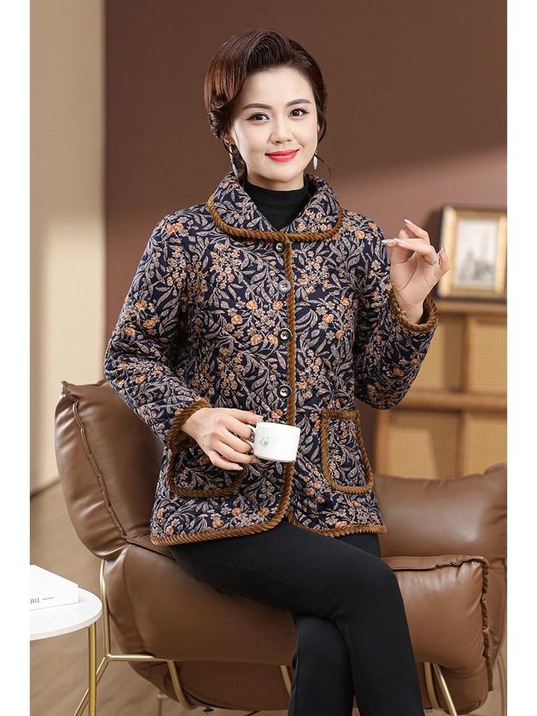 Mom's Winter Plus Size Velvet Cotton Plaid Jacket for Middle-Aged & Elderly