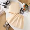 2PCS Girls Flower Applique Sleeveless Vest & Pleated Skirt Set, Button-Down Two-Piece Outfit