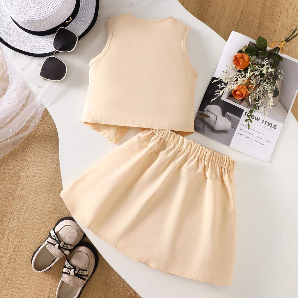 2PCS Girls Flower Applique Sleeveless Vest & Pleated Skirt Set, Button-Down Two-Piece Outfit