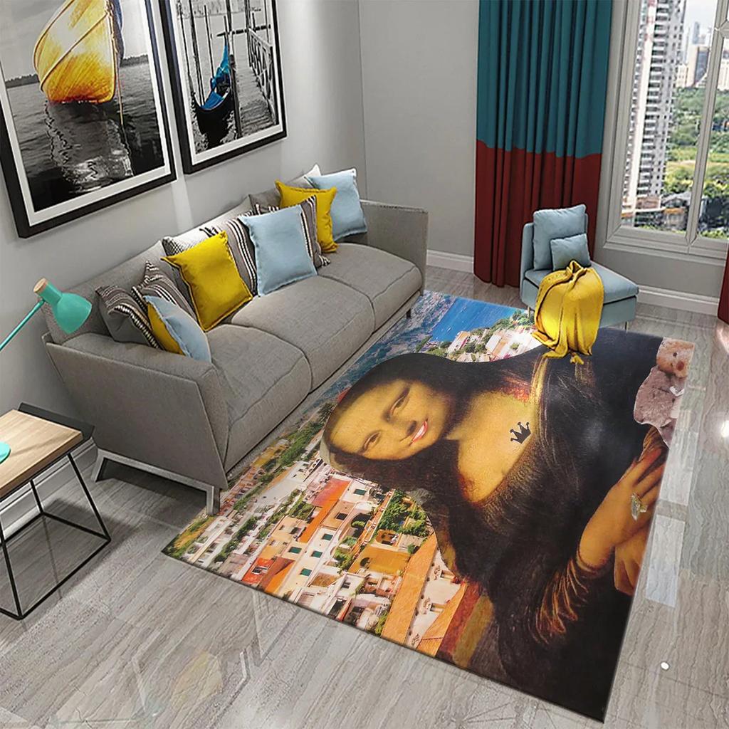 Funny Mona Lisa Oil Painting Carpet Home Decor Painting Mat for Living Room Bedroom Kitchen Bathroom Non-slip Floor Area Mats
