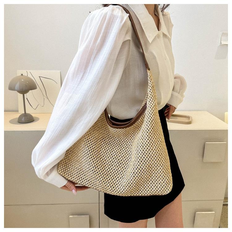 ins Vintage Nylon Braided Tote Bag Summer Large Capacity Underarm Bag One Shoulder Lightweight Resort Wind Beach