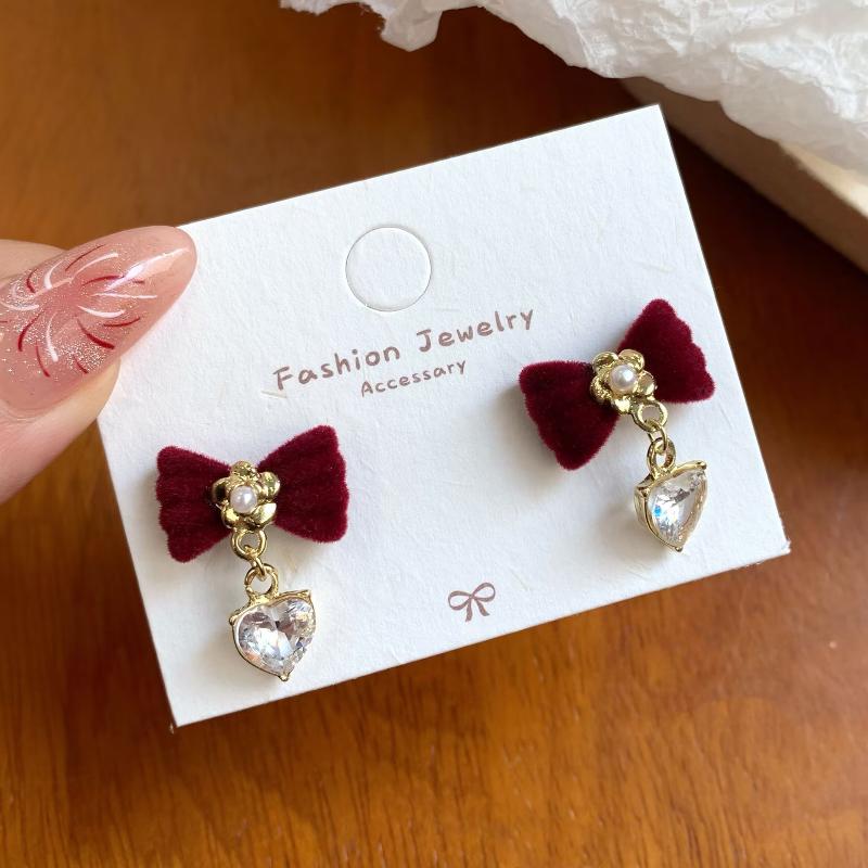 Cute Red Bow Flocking Earrings Simple Elegant Exquisite Sweet Festive Earrings Ear Studs Jewelry Accessories New Year Gifts
