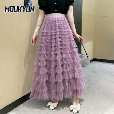Korean Fashion Tutu Tulle Skirts Women Black Pink High Waist Elegant Pleated Long Skirt Female Faldas
