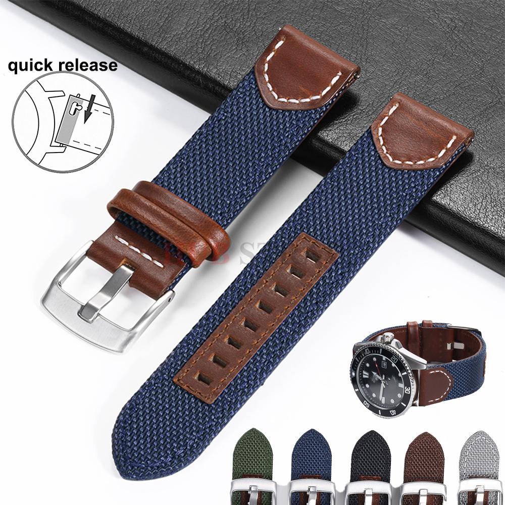 20mm 22mm Ručně vyráběný řemínek na hodinky z nylonového plátna a hovězí kůže pro Seiko pro Omega Modrý Zelený Pánský Dámský Náramek na hodinky Vojenský řemínek
