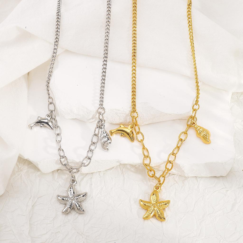 Women Fashion Exquisite Luxury Starfish Conch Dolphin Pendant Bracelet Necklace Retro Ocean Vacation Style Jewelry For Women