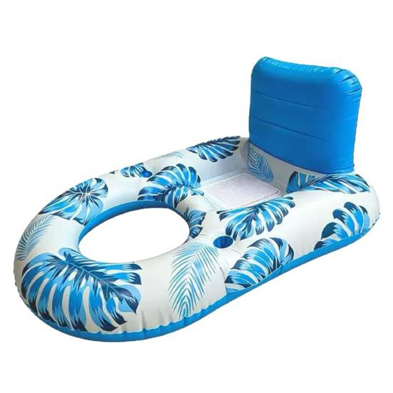 Inflatable Pool Float Mat with Mesh Seat Backrest Tropical Leaf Print Foldable Beach Lake Float Raft Water Lounger Adults Swimming Pool Sun Tanning