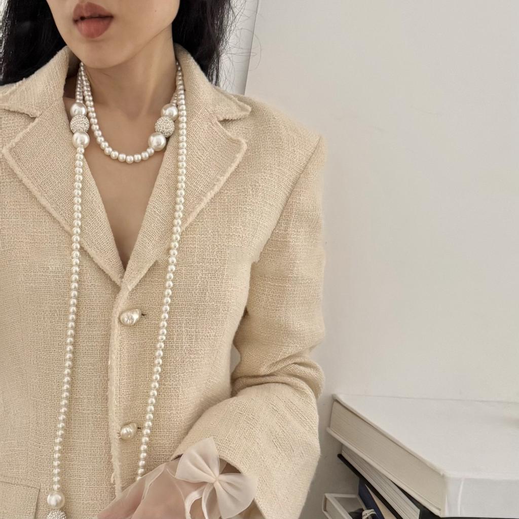 Französische Retro-Diamantkugel-Perlenkette Nischen-gestapelte Pulloverketten-Halskette Schmuck Damen