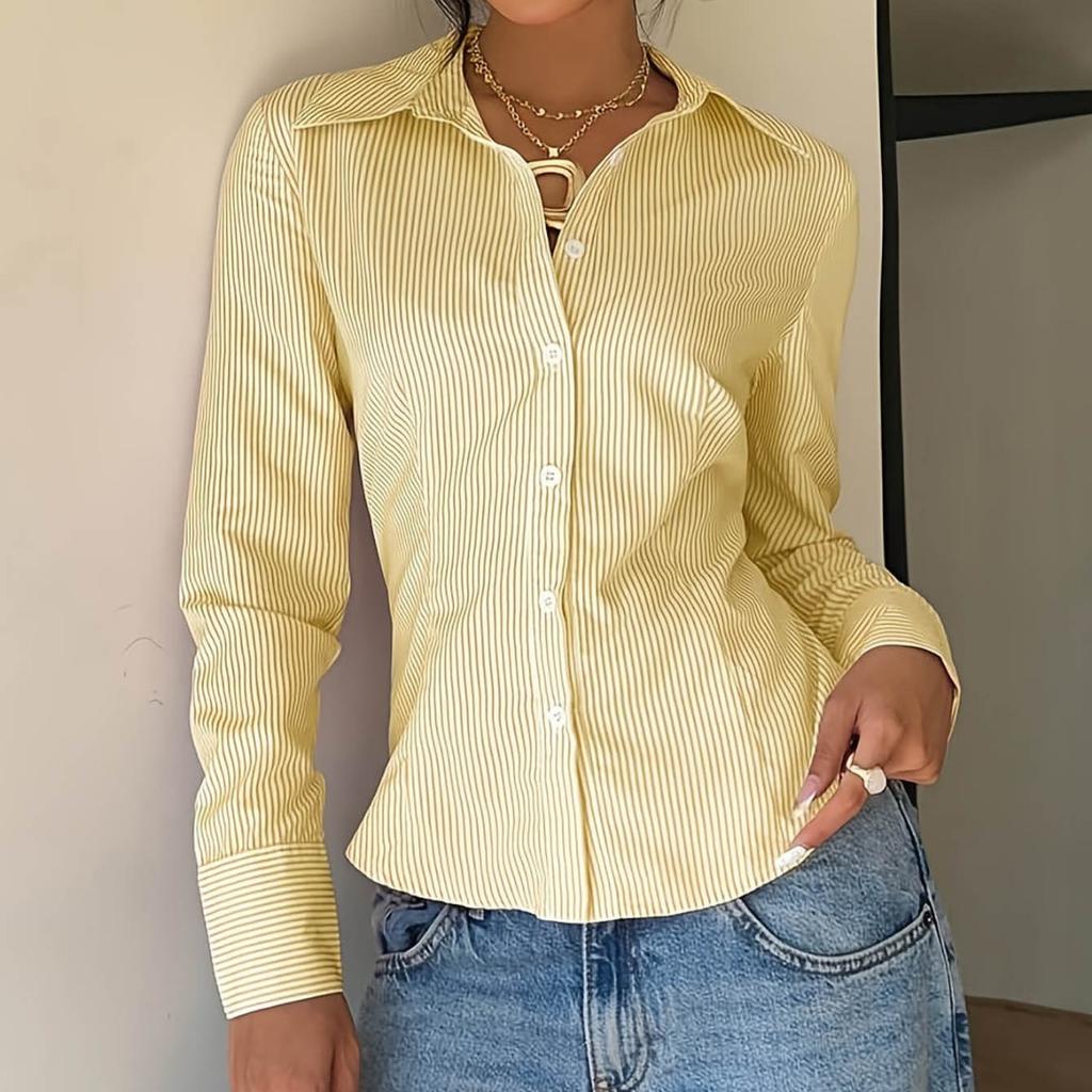 Blouses & Shirts - Spring Autumn Women's Vertical Striped French Long Sleeve Shirt, Design Sense Slim Waist Fitted Blouse Women, Crossborder Top