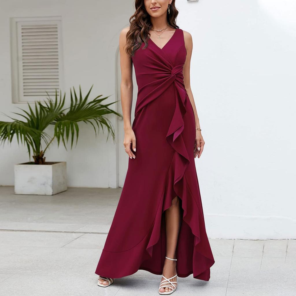 Sexy Slit Ruffled Sleeveless Evening Women's Dresses Fashionable V Neck Slim Pleated Elegant Female Maxi Long Dress