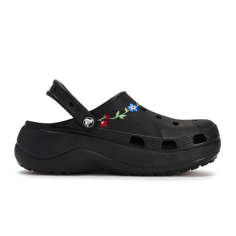 Crocs Baya Platform Clog 811 Peanuts Full Road Special Shoe Box Hand Painted Flower Hole Shoes Women's Black