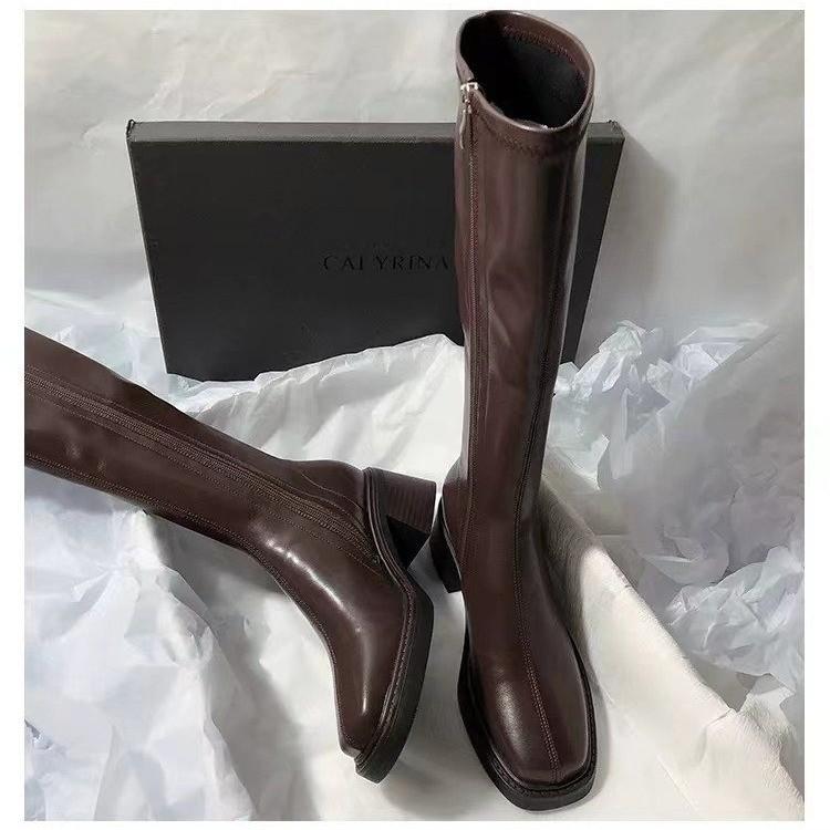 Vintage Thick Heel Women Knee High Boots Fashion Zippers Shoes Autumn Winter Ladies Long