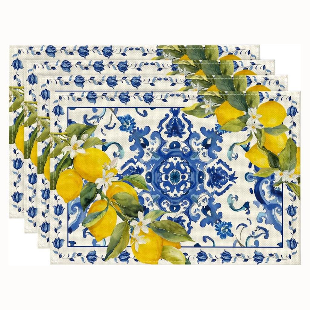4-Piece Summer Lemon Print Linen Placemat and Napkin Set, Heat and Stain for Kitchen Dining, 430cm