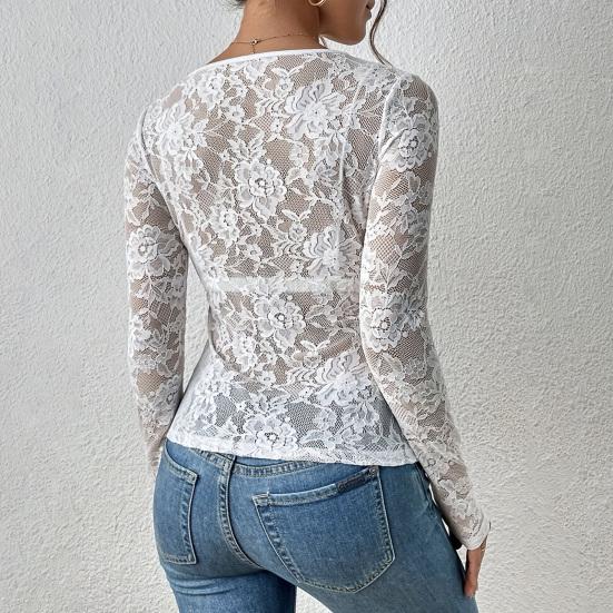 Women Tops V-Neck Long Sleeve Hollow Embroidery Lace Design Pullover Tops Pure Color Slim Fit Mesh Detail Blouse Daily Wear