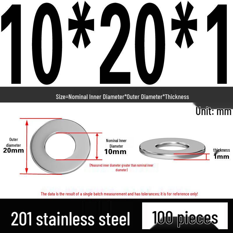 201 Stainless Steel Flat Washer Shim, GB97, Sizes M3 to M30