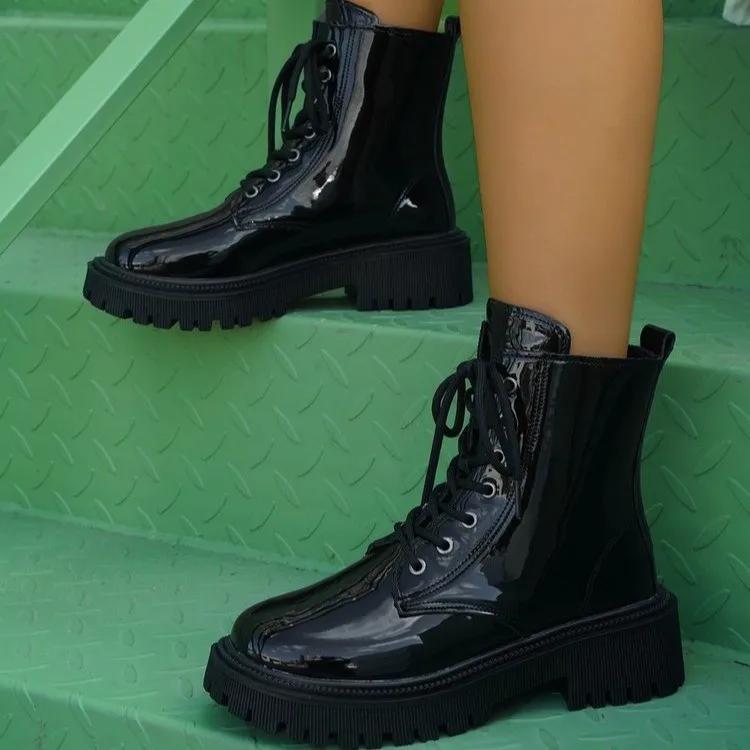 2024 Fashion Black Motorcycle Boots Women's Pu Leather Platform Ankle Boots Woman Autumn Winter Plus Size Lace Up Shoes bota
