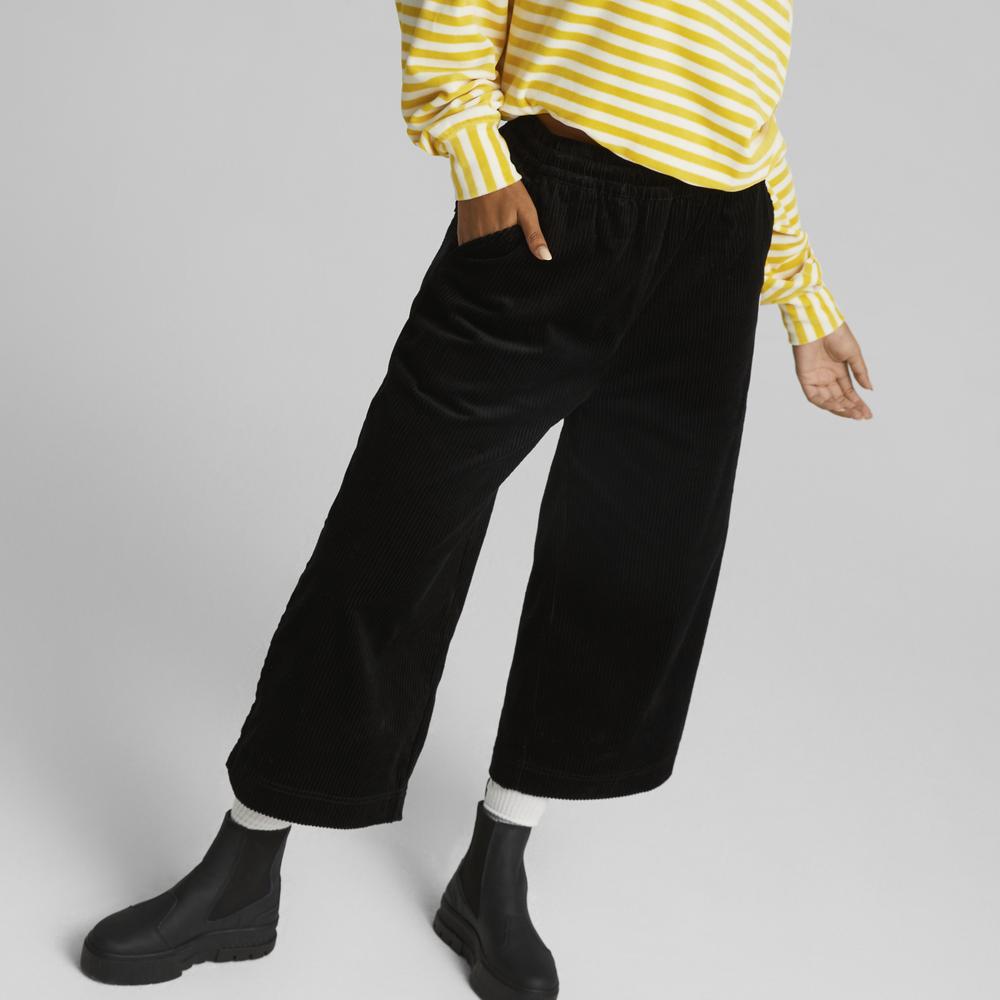 Puma Solid Corduroy Design Elastic Mid Waist Nine Point Casual Pants Women Bottoms Black 535748-01