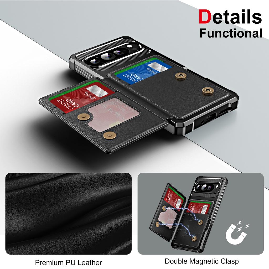 For Google Pixel 10 Pro XL Case Card Slot Kickstand Leather + TPU Reinforced Corner Phone Cover