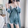 Women's Thin Sexy Ice Silk Pajamas Three-piece Spring and Summer Suspender Shorts Bathrobe Kimono with Chest Pad
