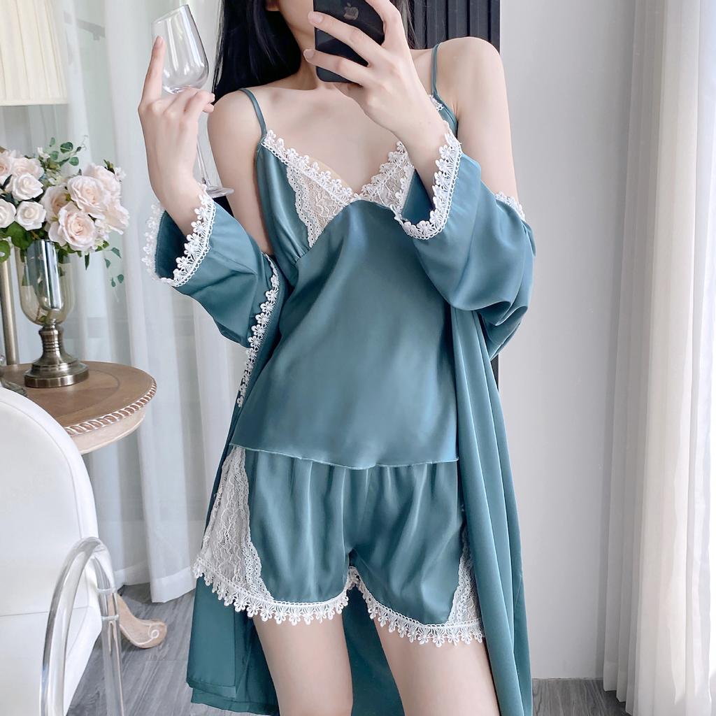Women's Thin Sexy Ice Silk Pajamas Three-piece Spring and Summer Suspender Shorts Bathrobe Kimono with Chest Pad