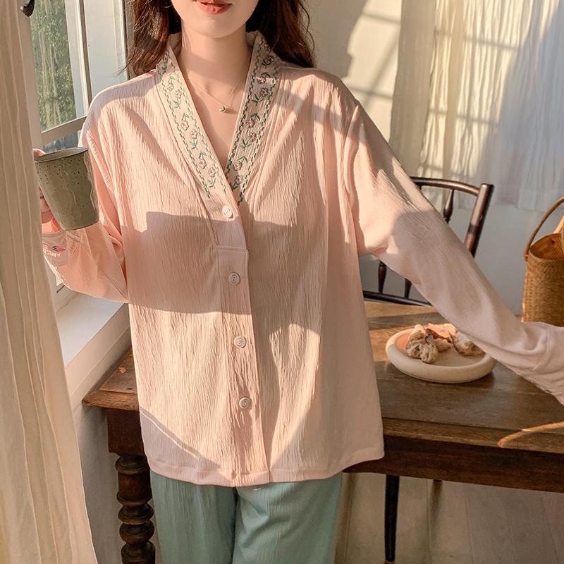 2025 Spring and Autumn Pajamas with Chest Pads Women's Bamboo embroidery Cardigan pyjamas set Simple Temperament Two-piece sleepwear Loungewear Set