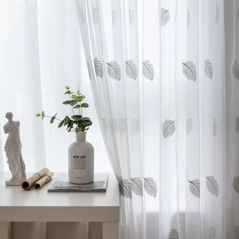Nordic Style Leaf Embroidery Curtain Window Screen White Yarn Half Blackout Curtain Bedroom Curtain Balcony Yarn