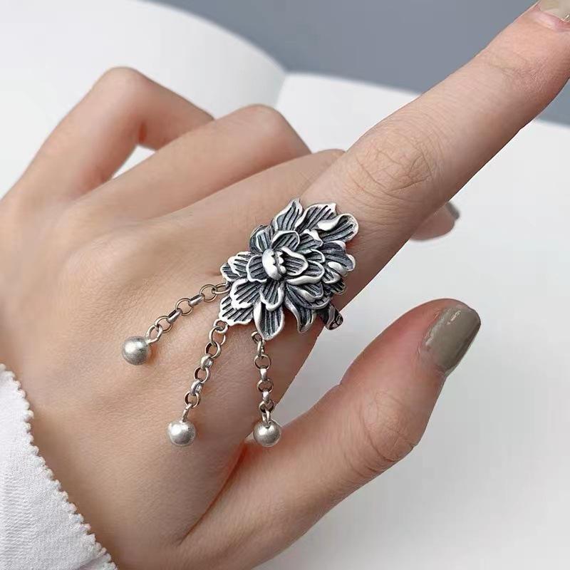 S925 Sterling Silver Cloisonné Lotus Ring: Blue Retro Chinese Style Ethnic Jewelry